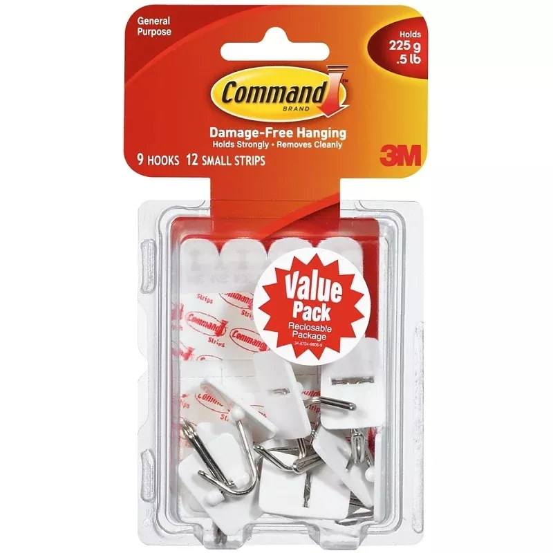Command 17067-VP Wire Hook, 5/8 in Opening, 0.5 lb, 9-Hook, Plastic, White